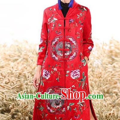 Chinese National Costume Plated Buttons Coats Traditional Embroidered Red Dust Coat for Women