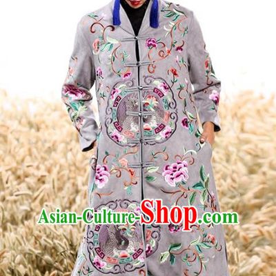 Chinese National Costume Plated Buttons Coats Traditional Embroidered Grey Dust Coat for Women