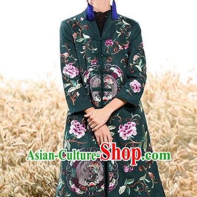 Chinese National Costume Plated Buttons Coats Traditional Embroidered Green Dust Coat for Women