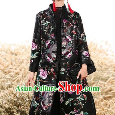 Chinese National Costume Plated Buttons Coats Traditional Embroidered Black Dust Coat for Women