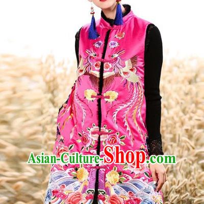 Chinese National Costume Traditional Embroidered Peony Pink Vests Waistcoat for Women