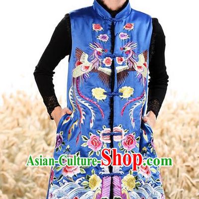 Chinese National Costume Traditional Embroidered Peony Blue Vests Waistcoat for Women