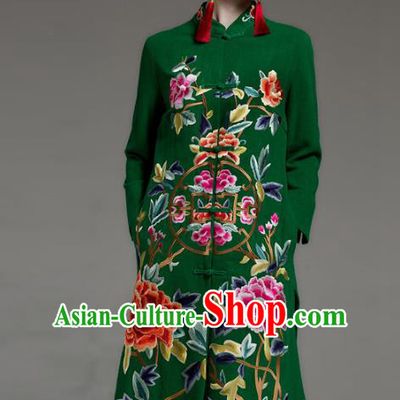 Chinese National Costume Embroidered Peony Coats Traditional Green Dust Coat for Women