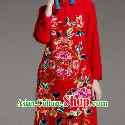 Chinese National Costume Embroidered Peony Coats Traditional Red Dust Coat for Women