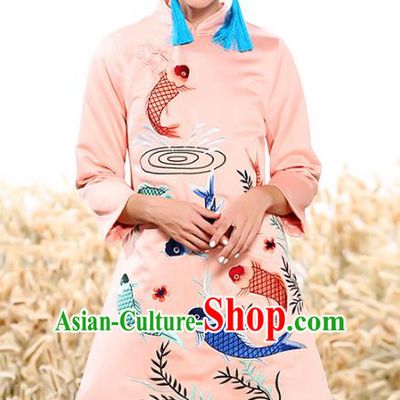 Chinese National Costume Tang Suit Cotton Wadded Jacket Traditional Embroidered Pink Blouse for Women