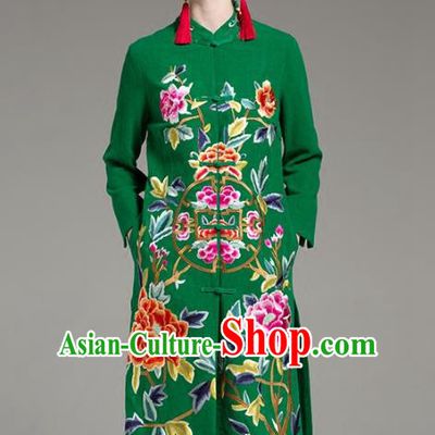 Chinese National Costume Embroidered Peony Green Long Coats Traditional Dust Coat for Women