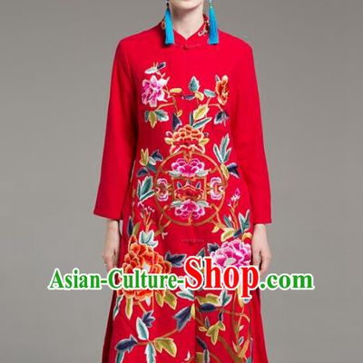 Chinese National Costume Embroidered Peony Red Long Coats Traditional Dust Coat for Women