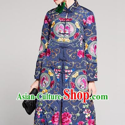 Chinese National Costume Embroidered Cotton-Padded Coats Traditional Blue Dust Coat for Women
