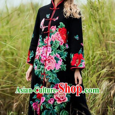 Chinese National Costume Embroidered Peony Black Coats Traditional Woolen Dust Coat for Women