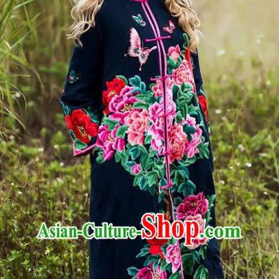 Chinese National Costume Embroidered Peony Navy Coats Traditional Woolen Dust Coat for Women
