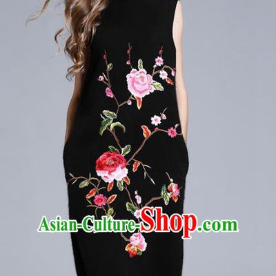 Chinese National Costume Cheongsam Embroidered Peony Black Dress Tang Suit Qipao for Women