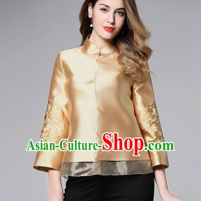 Chinese National Costume Tang Suit Golden Shirts Traditional Embroidered Blouse for Women