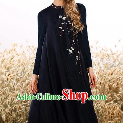 Chinese National Costume Tang Suit Qipao Dress Traditional Embroidered Black Cheongsam for Women