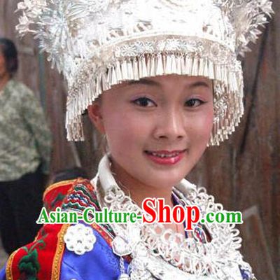 Traditional Chinese Miao Nationality Wedding Hats Hair Accessories Sliver Crown Headwear for Women