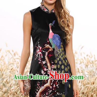 Chinese National Costume Tang Suit Black Qipao Dress Traditional Embroidered Peacock Cheongsam for Women