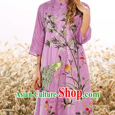 Chinese National Costume Tang Suit Purple Qipao Dress Traditional Embroidered Bamboo Cheongsam for Women