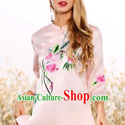 Chinese National Costume Tang Suit Qipao Pink Blouse Traditional Embroidered Peony Shirts for Women