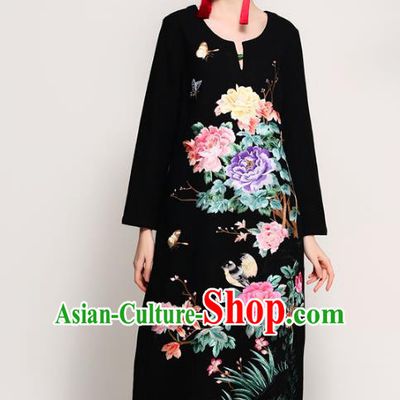 Chinese National Costume Tang Suit Black Qipao Dress Traditional Embroidered Peony Flowers Cheongsam for Women