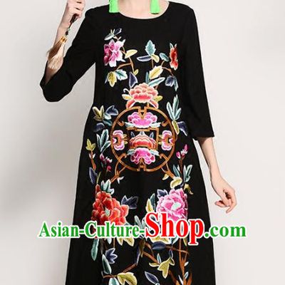 Chinese National Costume Tang Suit Qipao Dress Traditional Embroidered Peony Black Cheongsam for Women
