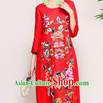 Chinese National Costume Tang Suit Qipao Dress Traditional Embroidered Peony Red Cheongsam for Women