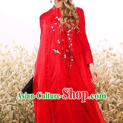 Chinese National Costume Tang Suit Qipao Dress Traditional Embroidered Red Cheongsam for Women