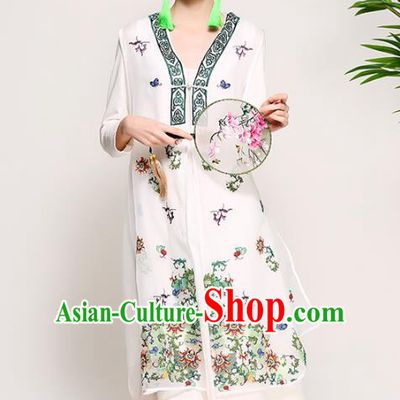 Chinese National Costume Tang Suit White Dust Coats Traditional Embroidered Coat for Women