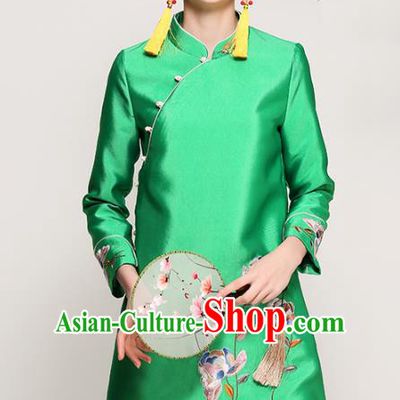 Chinese National Costume Tang Suit Green Blouse Traditional Embroidered Upper Outer Garment for Women