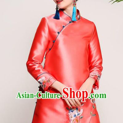 Chinese National Costume Tang Suit Red Blouse Traditional Embroidered Upper Outer Garment for Women