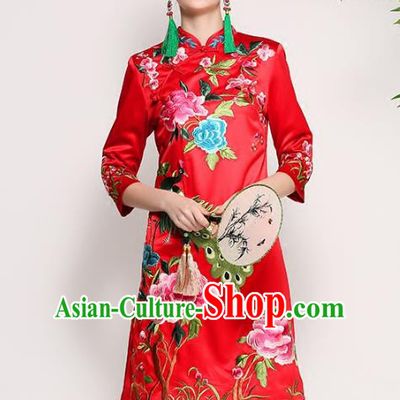 Chinese National Costume Tang Suit Red Silk Qipao Dress Traditional Embroidered Peony Cheongsam for Women