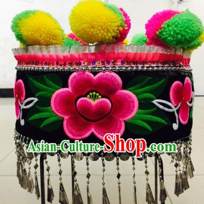 Traditional Chinese Bai Nationality Hair Accessories Embroidered Hats Yi Ethnic Minority Headwear for Women