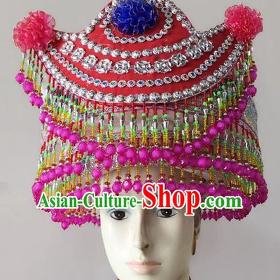 Traditional Chinese Bai Nationality Hair Accessories Beads Tassel Hats Yi Ethnic Minority Headwear for Women