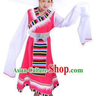 Traditional Chinese Zang Nationality Dance Costume, Tibetan Female Folk Dance Ethnic Minority Embroidery Rosy Dress for Women