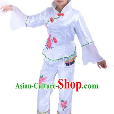 Traditional Chinese Classical Dance Yangge Fan Dancing Costume, Folk Dance Drum Dance White Uniform Yangko Costume for Women