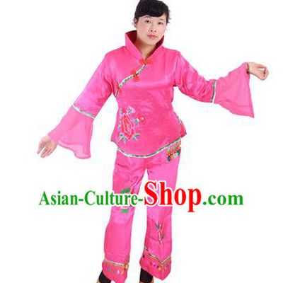 Traditional Chinese Classical Dance Yangge Fan Dancing Costume, Folk Dance Drum Dance Rosy Uniform Yangko Costume for Women