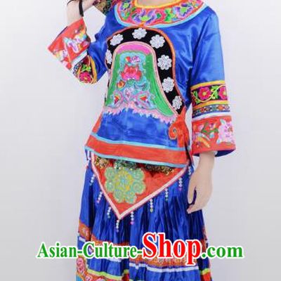 Traditional Chinese Miao Nationality Folk Dance Costume China Hmong Ethnic Minority Blue Dress for Women