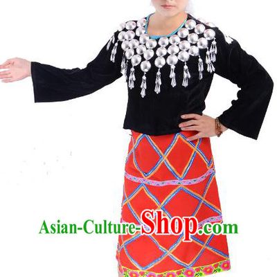 Traditional Chinese Jingpo Nationality Folk Dance Costume China Ethnic Minority Dress for Women