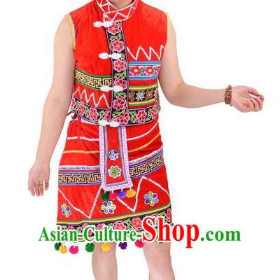 Traditional Chinese Gaoshan Nationality Folk Dance Costume China Ethnic Minority Red Dress for Women