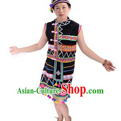 Traditional Chinese Gaoshan Nationality Folk Dance Costume China Ethnic Minority Black Dress for Women