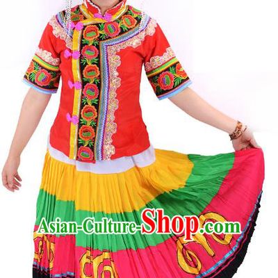 Traditional Chinese Yi Nationality Folk Dance Costume China Ethnic Minority Pleated Skirt for Women