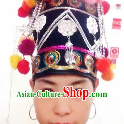 Traditional Chinese Hani Nationality Hair Accessories Tassel Hats Ethnic Minority Headwear for Women