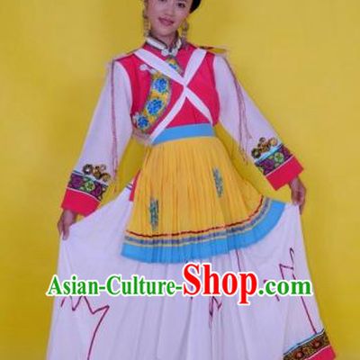 Traditional Chinese Naxi Nationality Costume, China Yi Ethnic Folk Dance White Dress Clothing for Women
