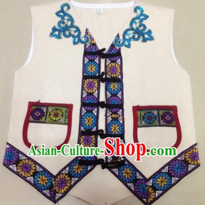 Traditional Chinese Yi Nationality Costume White Vest Ethnic Folk Dance Clothing for Kids