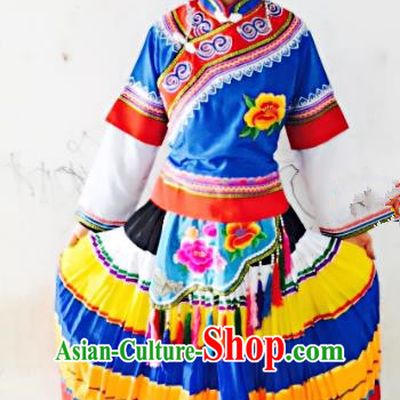 Traditional Chinese Yi Nationality Dance Costume Blue Dress Folk Dance Ethnic Clothing for Women