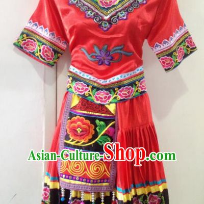 Traditional Chinese Yi Nationality Minority Dance Red Dress, Female Folk Dance Yi Ethnic Clothing for Women