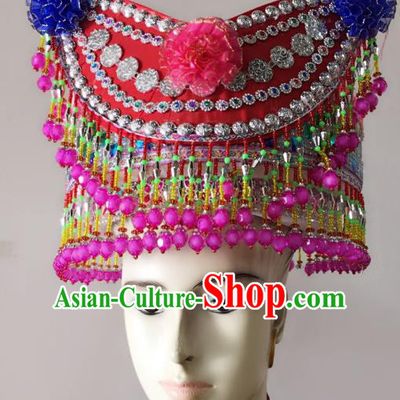 Traditional Chinese Yi Nationality Minority Beads Tassel Hats Hair Accessories Ethnic Headwear for Women