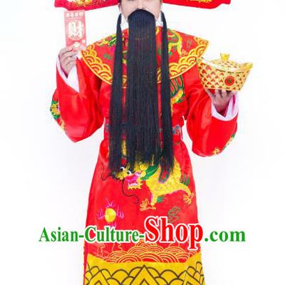 Traditional Chinese Beijing Opera God of Wealth Embroidered Costume Ancient Peking Opera Clothing and Headpiece Complete Set