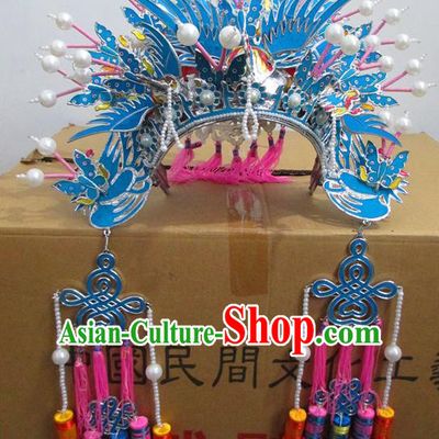 Traditional Chinese Beijing Opera Diva Blue Phoenix Coronet Hair Accessories Peking Opera Actress Hats Headwear