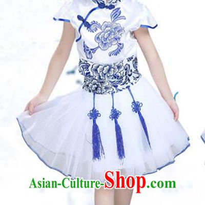 Traditional Chinese Classical Dance Yangko Costume, Children Folk Dance Chorus Blue Dress for Kids