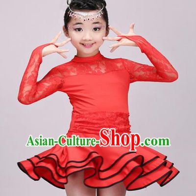 Top Grade Modern Dance Costume Stage Performance Latin Dance Red Bubble Dress for Kids