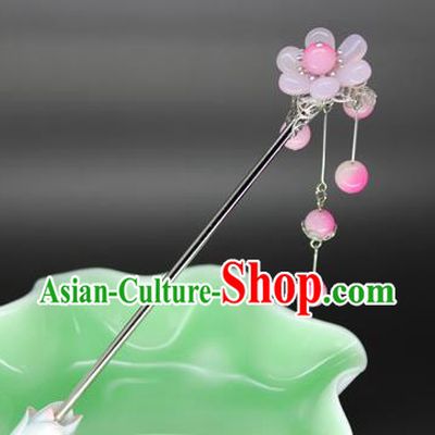 Chinese Ancient Handmade Hair Accessories Pink Beads Tassel Step Shake Hair Stick Hairpins for Women
